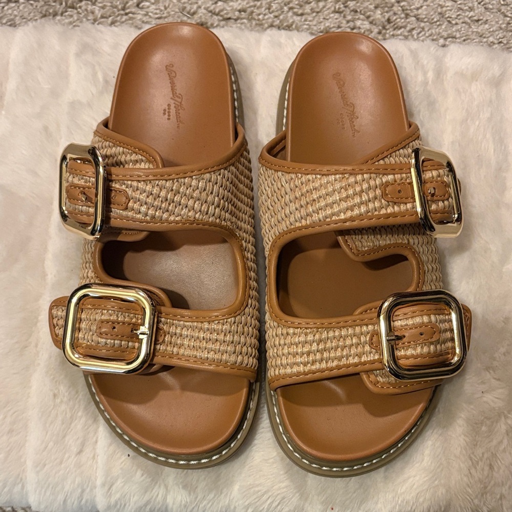 Woven Buckle Slide Sandals - Tan